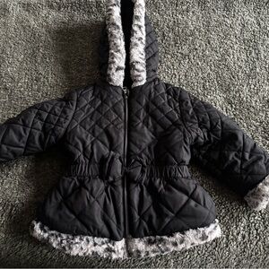 Quilted Black Coat with Faux Fur Trim